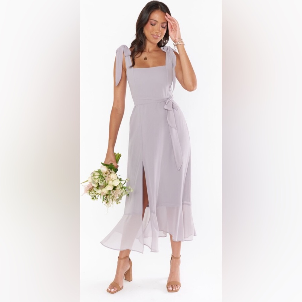 $198 Show Me Your Mumu Claire Midi Dress ~ Dove Grey Chiffon Size M